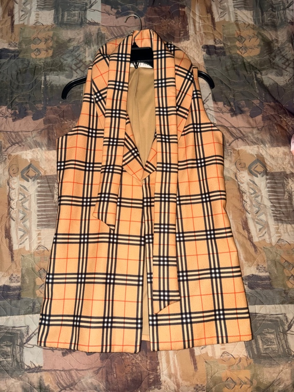 Plaid Sleeveless Tan Vest with Scarf Detail